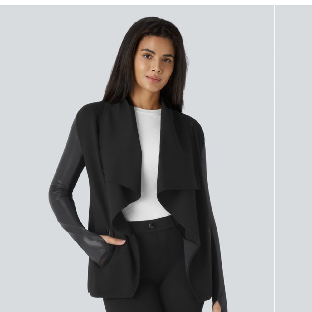 Women's Waterfall Button Thumb Hole
Side Pocket Patchwork Work Jacket
